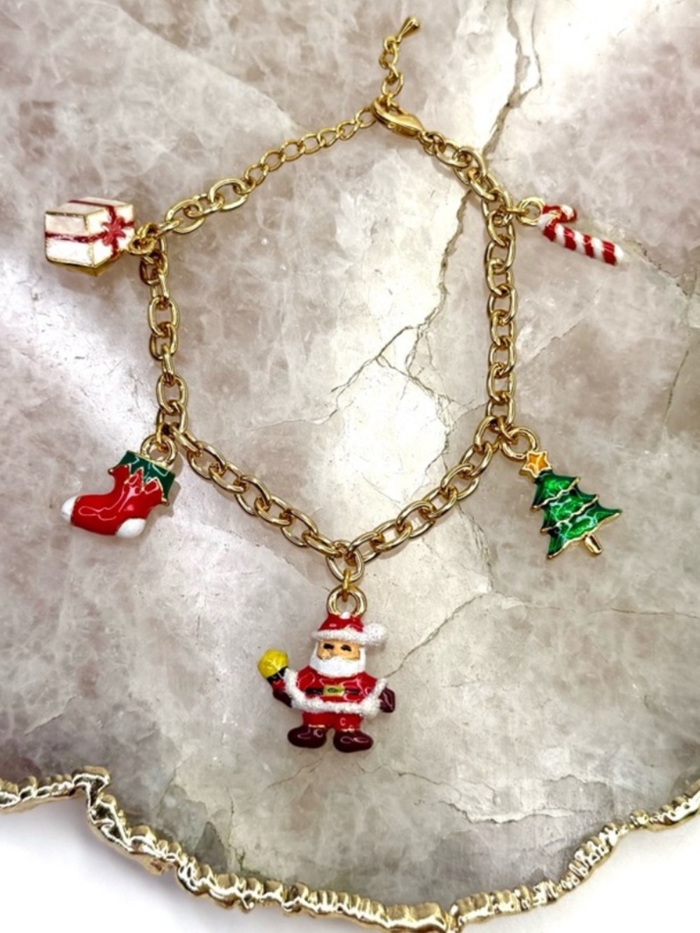 Vintage Christmas Holiday Present Santa Candy Cane Stocking Charm Bracelet